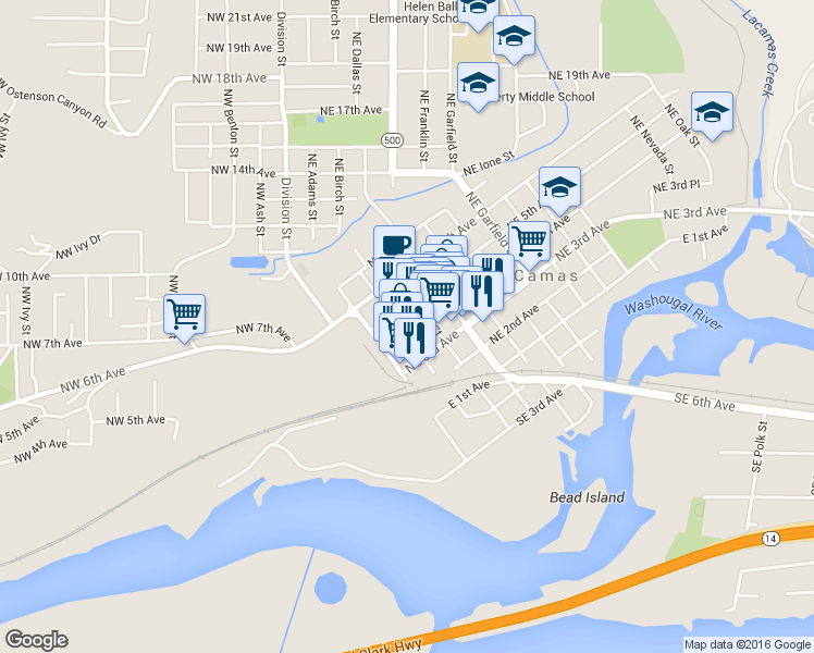 map of restaurants, bars, coffee shops, grocery stores, and more near 307 Northeast Birch Street in Camas
