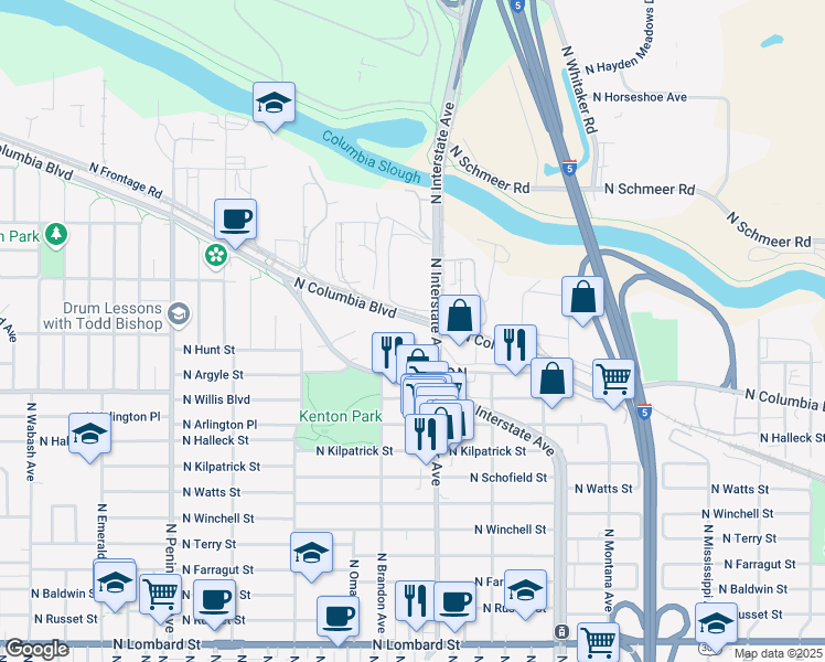 map of restaurants, bars, coffee shops, grocery stores, and more near 2030 North Columbia Boulevard in Portland