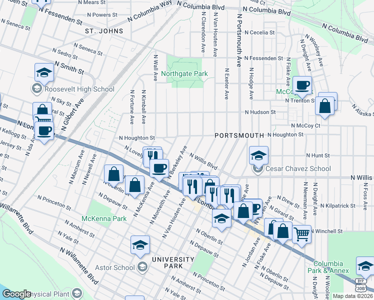 map of restaurants, bars, coffee shops, grocery stores, and more near 5721 North Willis Boulevard in Portland