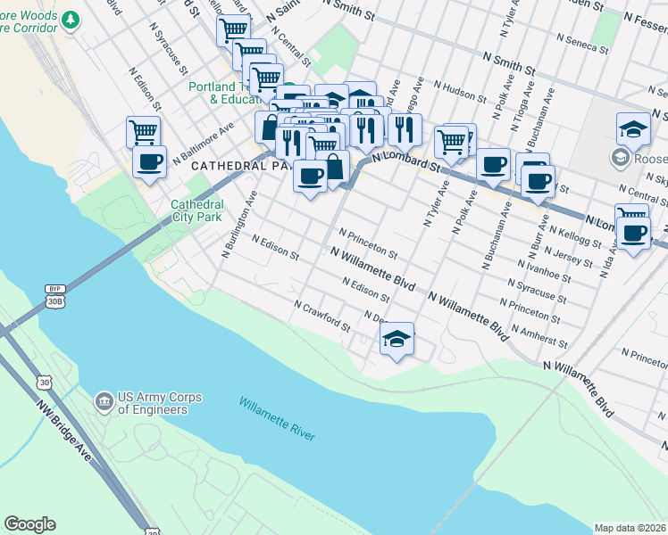map of restaurants, bars, coffee shops, grocery stores, and more near 6808 North Decatur Street in Portland