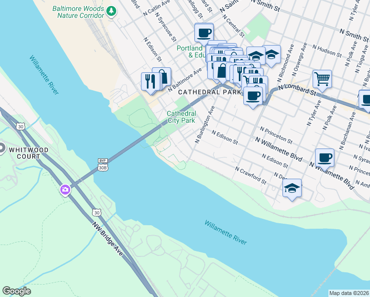 map of restaurants, bars, coffee shops, grocery stores, and more near Cathedral Park Trail in Portland