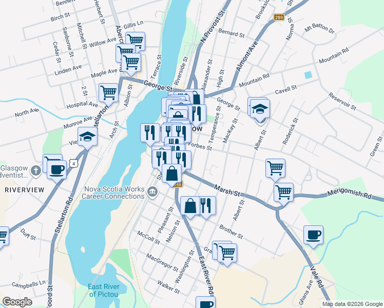 map of restaurants, bars, coffee shops, grocery stores, and more near 219 James Street in New Glasgow
