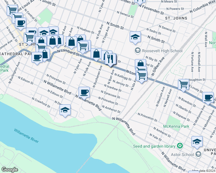 map of restaurants, bars, coffee shops, grocery stores, and more near N Ivanhoe St & N Burr Ave in Portland