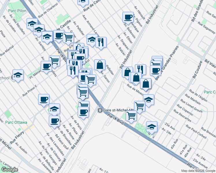 map of restaurants, bars, coffee shops, grocery stores, and more near in Montreal