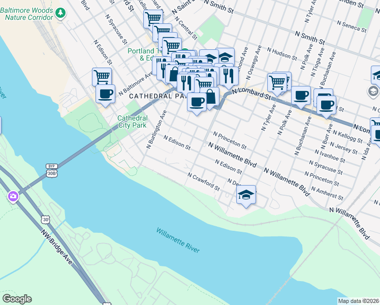 map of restaurants, bars, coffee shops, grocery stores, and more near 8314 North Willamette Boulevard in Portland