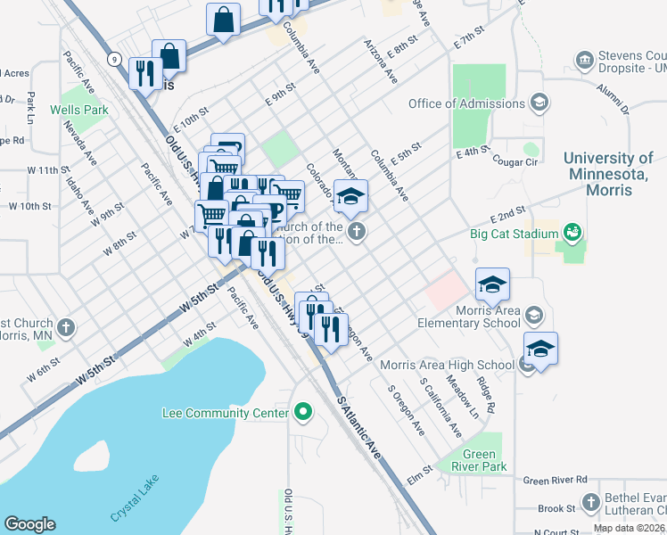 map of restaurants, bars, coffee shops, grocery stores, and more near 211 East 4th Street in Morris
