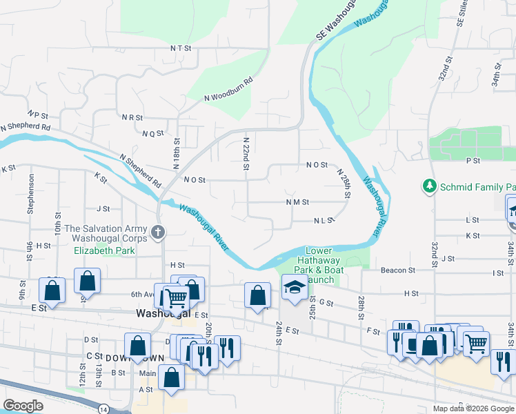 map of restaurants, bars, coffee shops, grocery stores, and more near 2242 North M Street in Washougal
