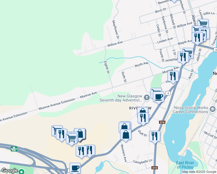 map of restaurants, bars, coffee shops, grocery stores, and more near 207 Munroe Avenue in New Glasgow