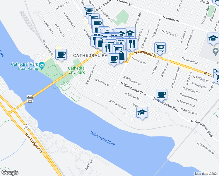 map of restaurants, bars, coffee shops, grocery stores, and more near 8228 North Edison Street in Portland