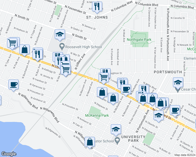 map of restaurants, bars, coffee shops, grocery stores, and more near 7708 North Newell Avenue in Portland
