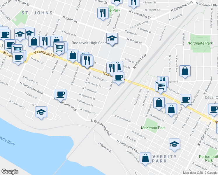 map of restaurants, bars, coffee shops, grocery stores, and more near 6922 North Kellogg Street in Portland