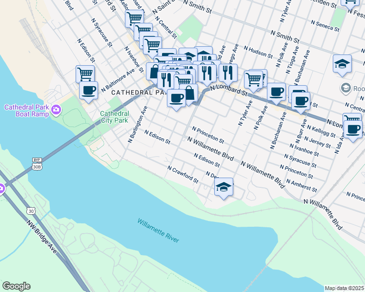 map of restaurants, bars, coffee shops, grocery stores, and more near 8137 North Willamette Boulevard in Portland