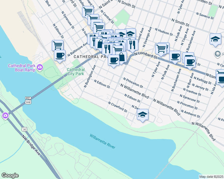 map of restaurants, bars, coffee shops, grocery stores, and more near 8314 North Willamette Boulevard in Portland