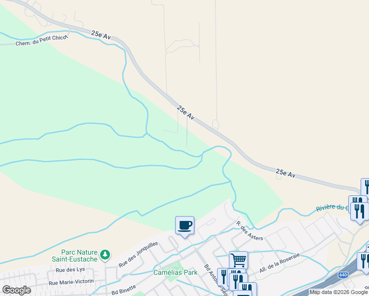 map of restaurants, bars, coffee shops, grocery stores, and more near 568 25e Avenue in Saint-Eustache