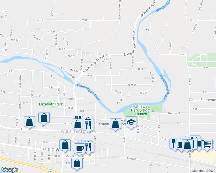 map of restaurants, bars, coffee shops, grocery stores, and more near 2152 North M Court in Washougal