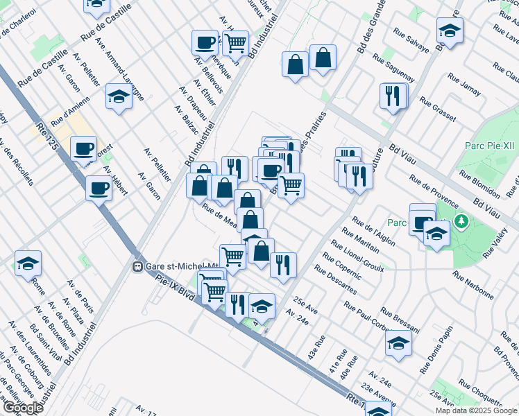 map of restaurants, bars, coffee shops, grocery stores, and more near 4600 Boulevard des Grandes-Prairies in Montréal