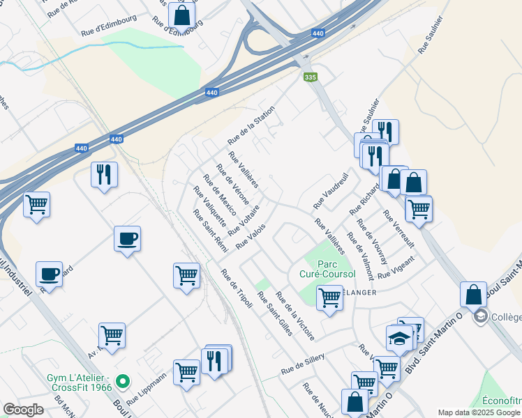 map of restaurants, bars, coffee shops, grocery stores, and more near 330 Rue Voltaire in Laval