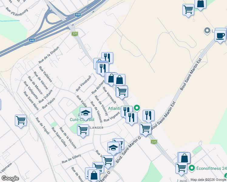 map of restaurants, bars, coffee shops, grocery stores, and more near 1980 Boulevard des Laurentides in Laval