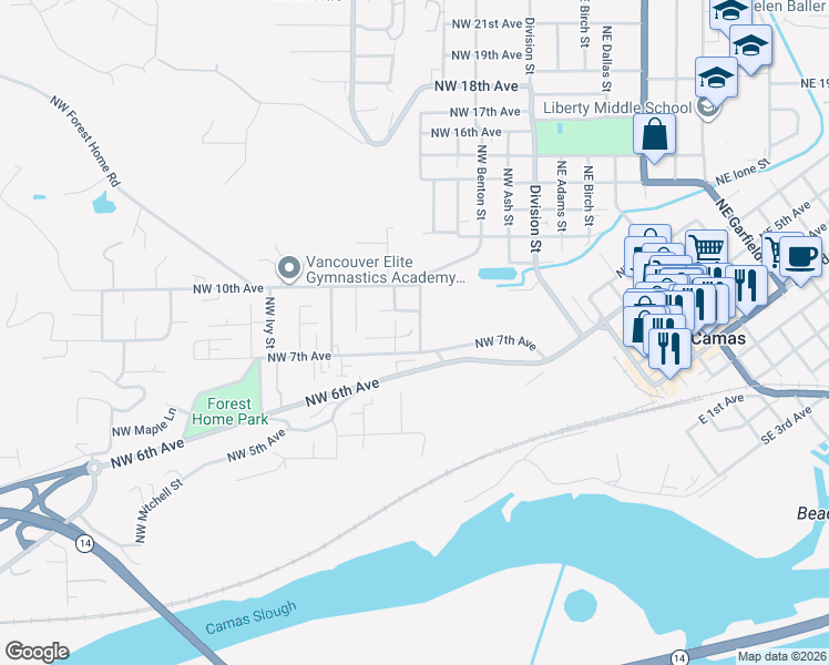 map of restaurants, bars, coffee shops, grocery stores, and more near 537 Northwest 9th Avenue in Camas