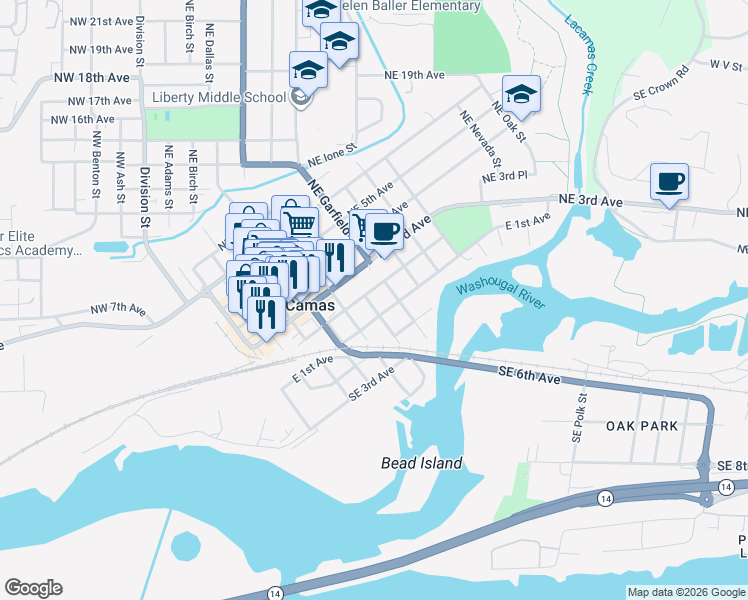 map of restaurants, bars, coffee shops, grocery stores, and more near 708 Northeast 2nd Avenue in Camas