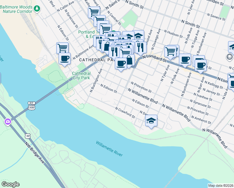 map of restaurants, bars, coffee shops, grocery stores, and more near 8220 North Edison Street in Portland