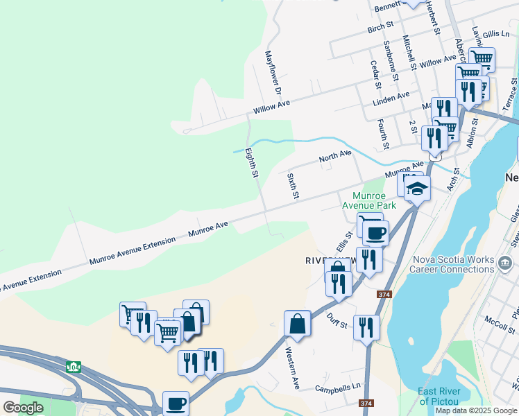 map of restaurants, bars, coffee shops, grocery stores, and more near 203 Munroe Avenue in New Glasgow
