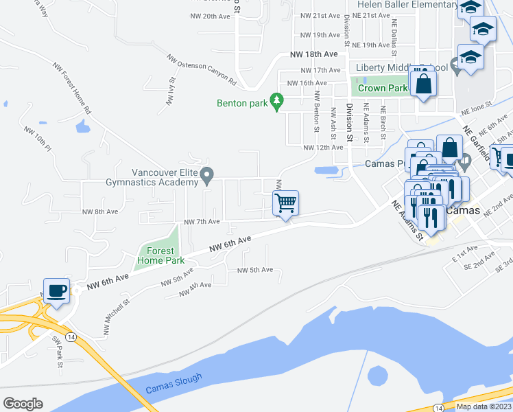 map of restaurants, bars, coffee shops, grocery stores, and more near 617 Northwest 8th Avenue in Camas