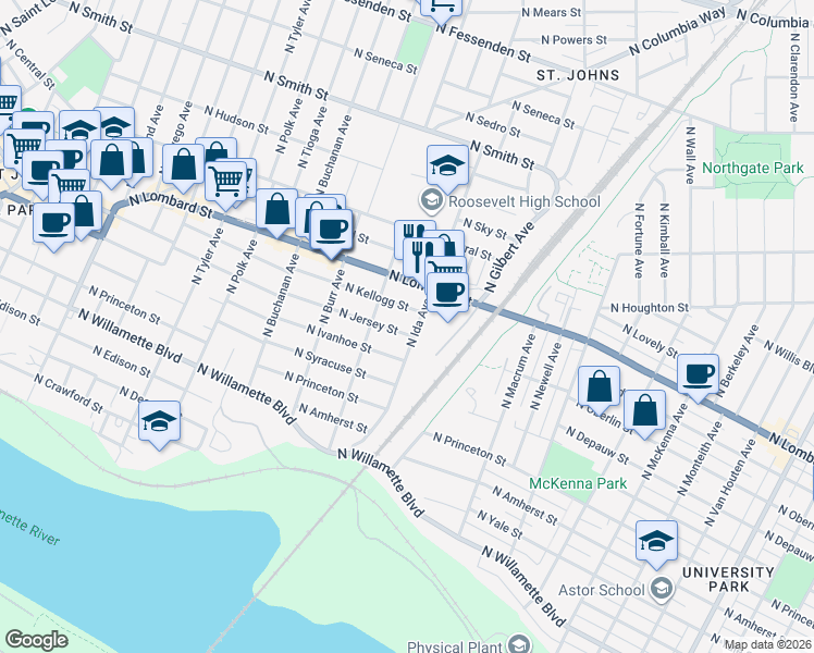 map of restaurants, bars, coffee shops, grocery stores, and more near 6917 North Jersey Street in Portland