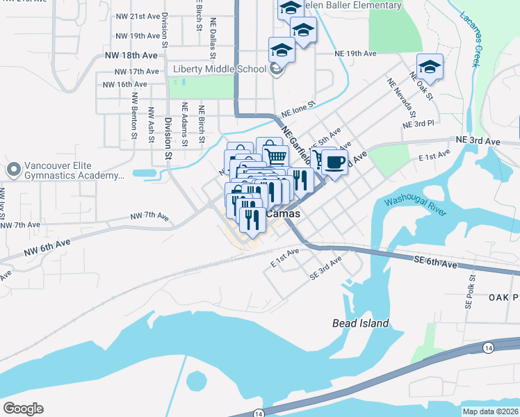 map of restaurants, bars, coffee shops, grocery stores, and more near 426 Northeast Cedar Street in Camas