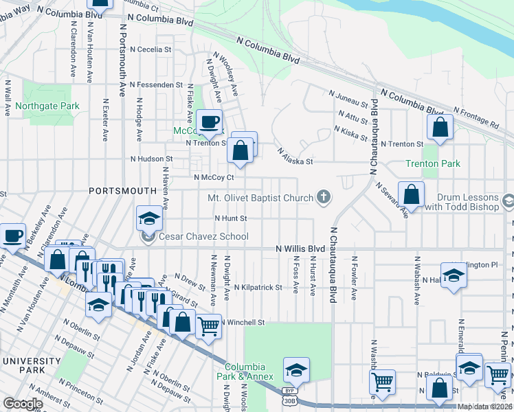 map of restaurants, bars, coffee shops, grocery stores, and more near 8824 North Dana Avenue in Portland