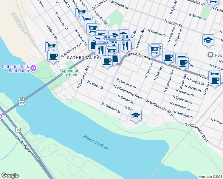 map of restaurants, bars, coffee shops, grocery stores, and more near 8137 North Willamette Boulevard in Portland