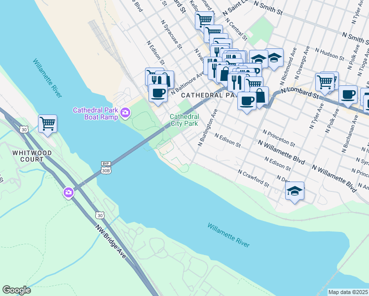 map of restaurants, bars, coffee shops, grocery stores, and more near 6703 North Salem Avenue in Portland