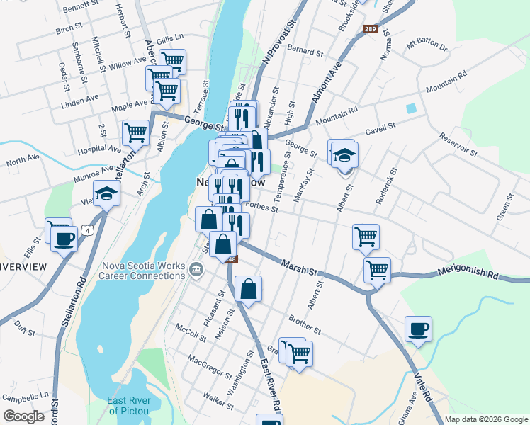 map of restaurants, bars, coffee shops, grocery stores, and more near 211 Forbes Street in New Glasgow