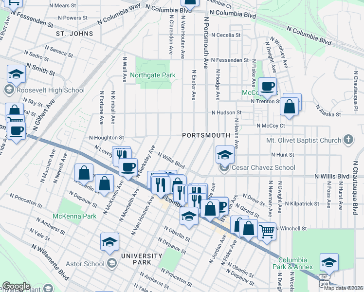 map of restaurants, bars, coffee shops, grocery stores, and more near 8604 North Van Houten Avenue in Portland
