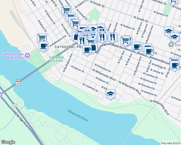 map of restaurants, bars, coffee shops, grocery stores, and more near 6912 North Richmond Avenue in Portland