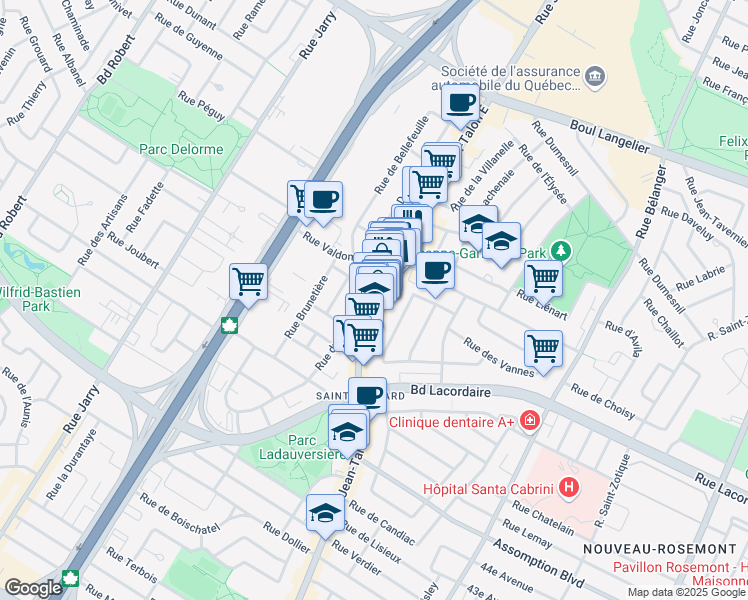 map of restaurants, bars, coffee shops, grocery stores, and more near 7500 Rue de Fontenelle in Montréal