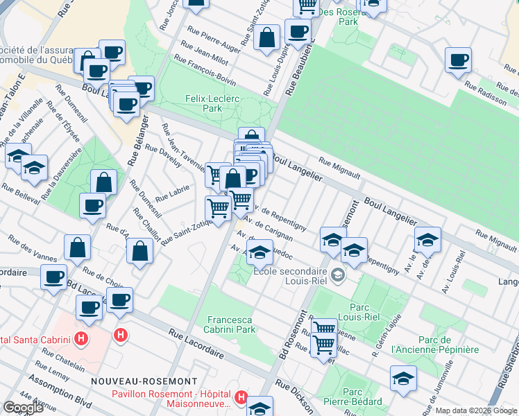 map of restaurants, bars, coffee shops, grocery stores, and more near Avenue Rodolphe Mathieu in Montréal