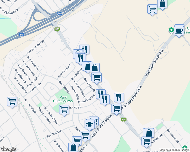 map of restaurants, bars, coffee shops, grocery stores, and more near 1305 Boulevard des Laurentides in Laval
