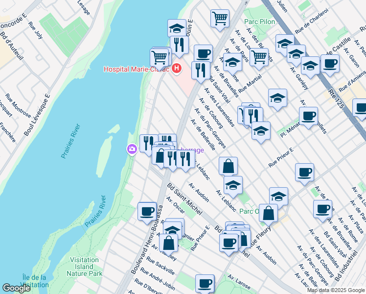map of restaurants, bars, coffee shops, grocery stores, and more near 10936 Avenue Leblanc in Montréal