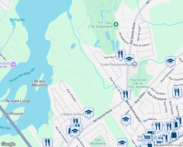 map of restaurants, bars, coffee shops, grocery stores, and more near in Laval