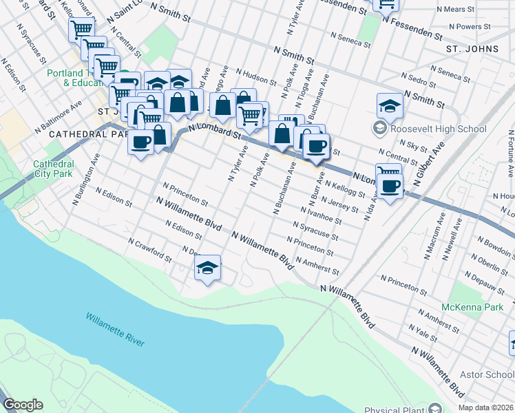 map of restaurants, bars, coffee shops, grocery stores, and more near 7634 North Ivanhoe Street in Portland