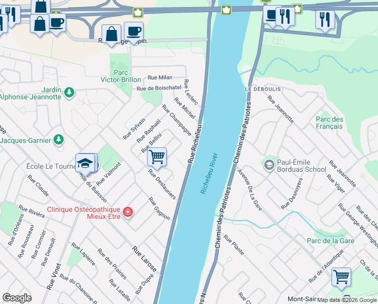 map of restaurants, bars, coffee shops, grocery stores, and more near 1612 Rue Richelieu in Beloeil