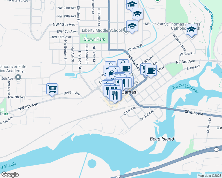 map of restaurants, bars, coffee shops, grocery stores, and more near 302 Northeast 6th Avenue in Camas