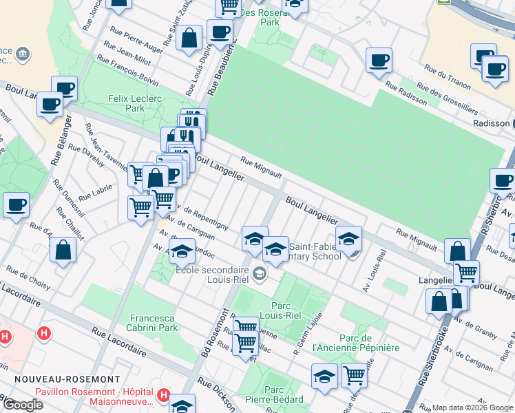 map of restaurants, bars, coffee shops, grocery stores, and more near 6530 Avenue Alexis Contant in Montréal