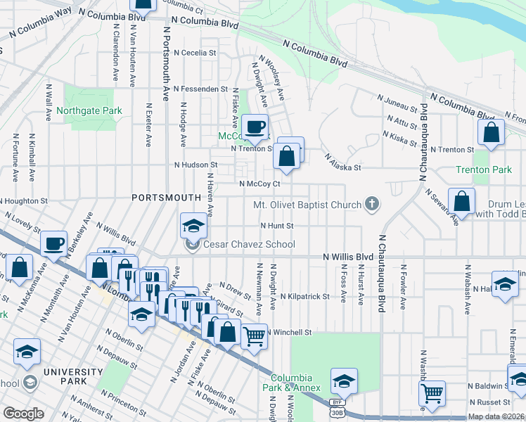 map of restaurants, bars, coffee shops, grocery stores, and more near 4620 North Houghton Street in Portland