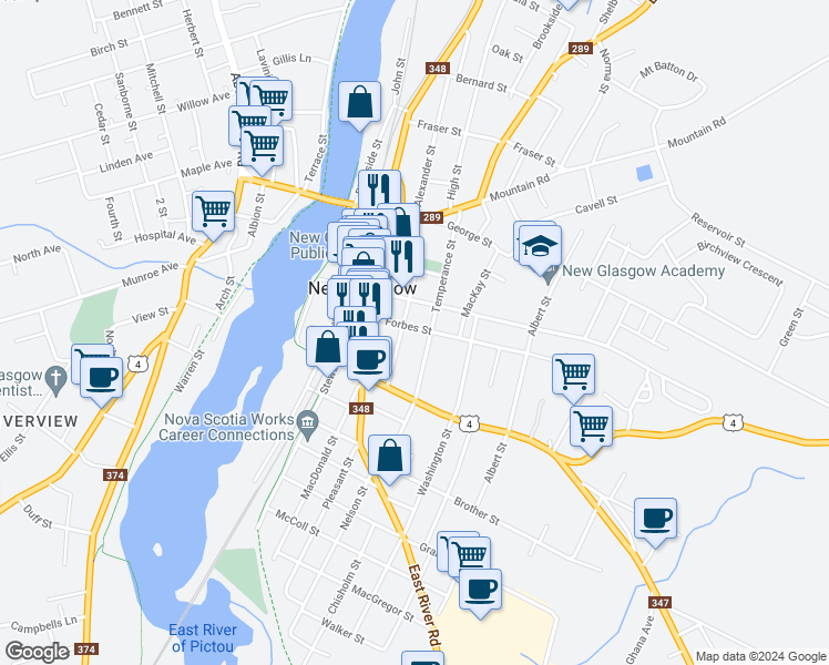 map of restaurants, bars, coffee shops, grocery stores, and more near 225 Maclean Street in New Glasgow
