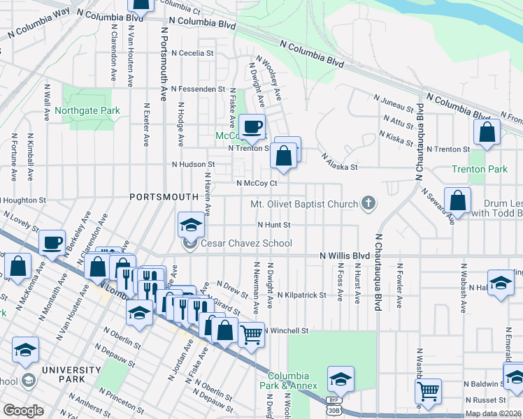 map of restaurants, bars, coffee shops, grocery stores, and more near 8770 North Newman Avenue in Portland