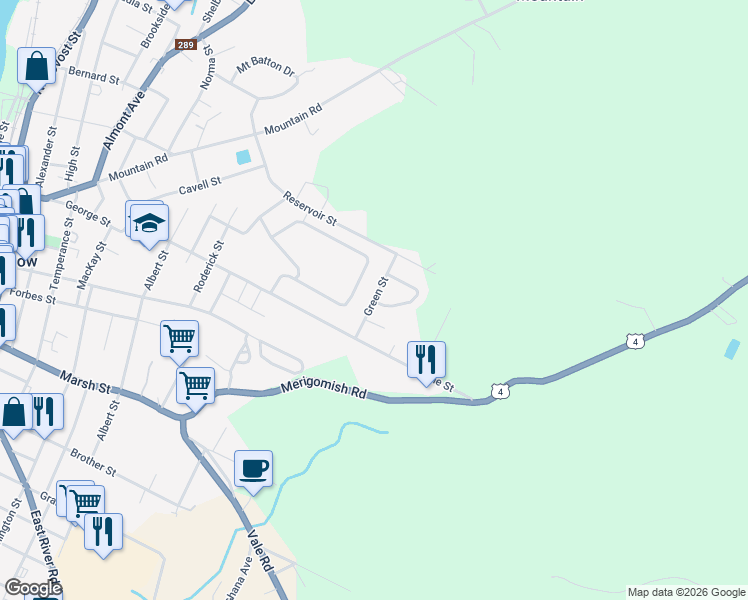map of restaurants, bars, coffee shops, grocery stores, and more near 44 Green Street in New Glasgow
