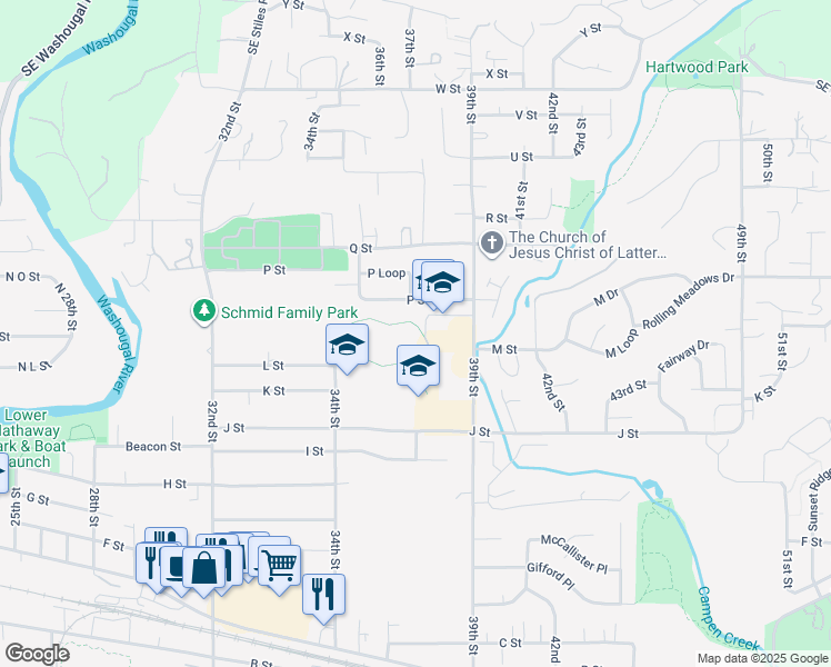map of restaurants, bars, coffee shops, grocery stores, and more near 1201 39th Street in Washougal