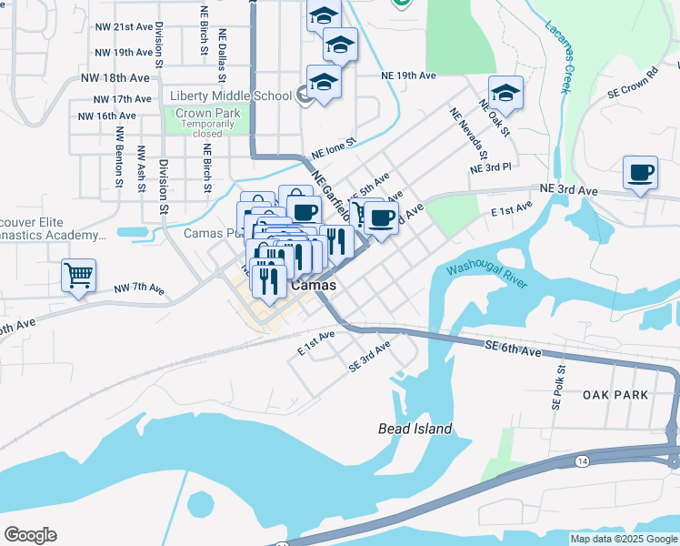 map of restaurants, bars, coffee shops, grocery stores, and more near 605 Washington 500 in Camas